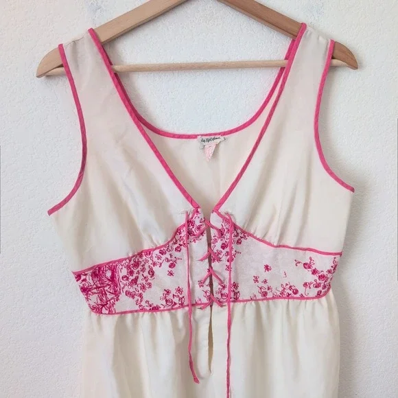 VTG 70s Saks Fifth Ave Cream‎ Pink Floral Lace Up Maxi Dress 34 Large Coquette - Picture 8 of 8